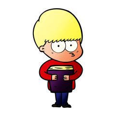 nervous cartoon boy holding book
