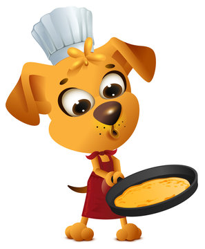 Fun yellow dog cook to make pancake in frying pan