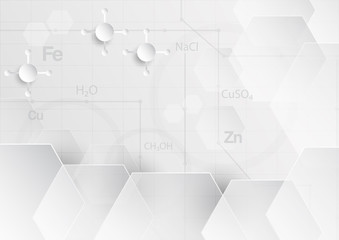 Abstract chemical background in grey and white tone in concept of paper cut and flat design.