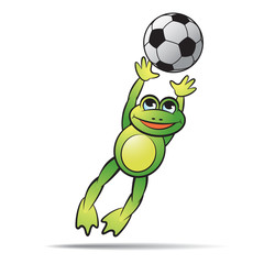 frog cartoon or mascot jumping or catching foot ball vector illustration