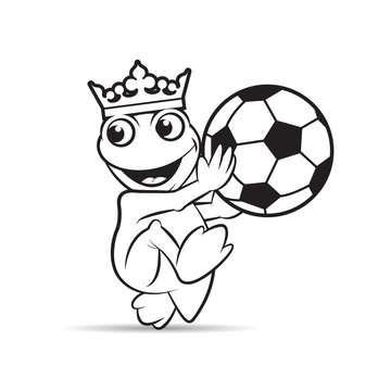 black outline crowned frog cartoon or mascot holding foot ball happily vector illustration