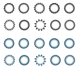 Set of vector starburst, sunburst badges.  Simple flat style. Vintage labels. Round vignette, frame 