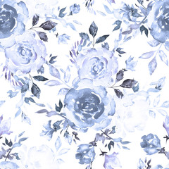 Seamless pattern with blue flowers and leaves on white background, watercolor floral pattern, flower rose in pastel color, tileable for wallpaper, card or fabric. Abstraction design flowers