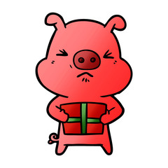 cartoon angry pig with christmas present