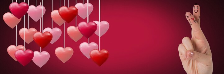 Fototapeta na wymiar Valentine's fingers love couple and hanging hearts