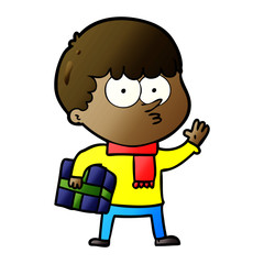 cartoon curious boy carrying a gift