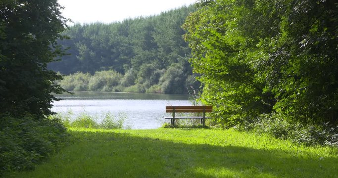 empty bench at lakeside - no people - wide shot