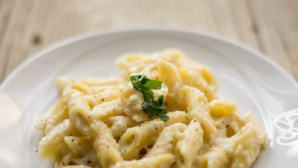 Homemade italian four cheese pasta on a white plate on a wooden table