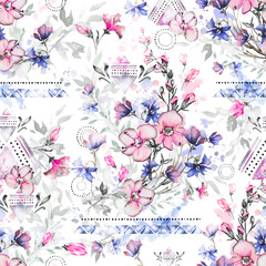 seamless pattern with watercolor flowers and textured ornaments. Abstract floral background. Tile with meadow wild flower and Geometric illustration.