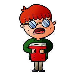 cartoon boy hugging book wearing spectacles