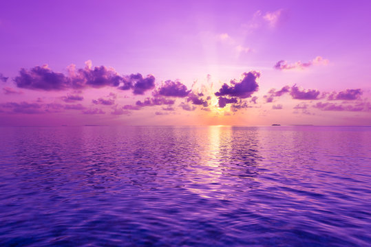 Fantastic sunset. A violet sunset over the ocean.