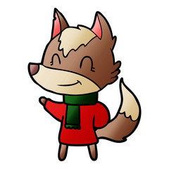 friendly cartoon wolf in winter clothes