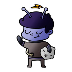 friendly cartoon spaceman holding meteor