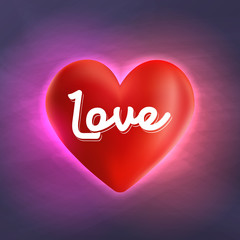 Valentine's Day, text love on 3D Heart and neon glow on a abstract background, Vector