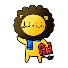 cartoon lion with christmas present