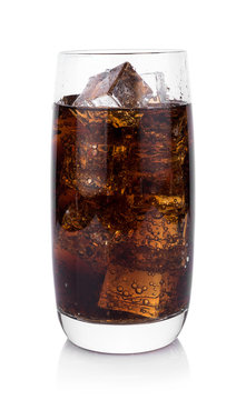 Cola in glass with ice cubes on white background