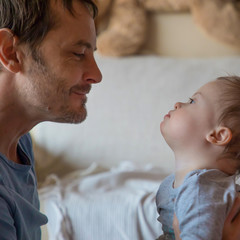 Cute baby boy with Down syndrome playing dad on in home living room