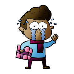 cartoon crying man with present