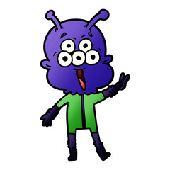 happy cartoon alien waving peace gesture