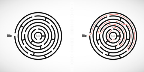 Abstract maze labyrinth icon. Labyrinth shape design element with one entrance and one exit. Vector illustration