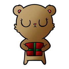 peaceful cartoon bear with present