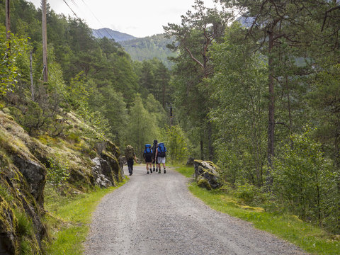 Turistas con mochilas, caminando por el parque Natural de Hardangervidda en el sur de Noruega, verano de 2017