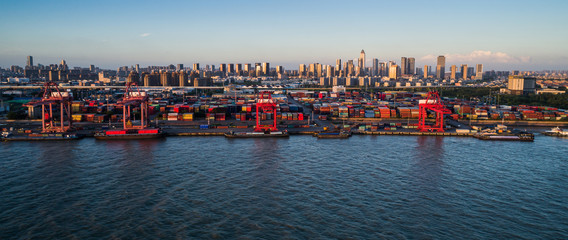 shanghai container terminal at nightfall