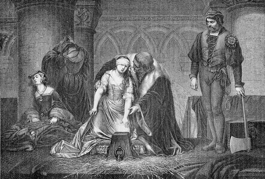 Vintage engraving, beheading of Lady Jane Grey in the Tower of London, year 1554
