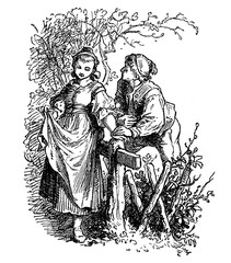 Obraz premium Countryside romance, peasant boy courting a girl, vintage engraving