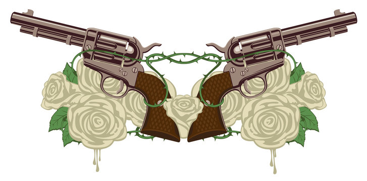 Vector illustration with two big old revolvers, white roses and barbed wire isolated on white background