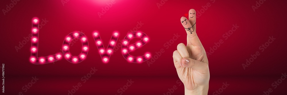 Poster Valentine's fingers love couple and Love text glowing neon light