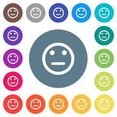 Neutral emoticon flat white icons on round color backgrounds