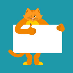 Cat holding banner blank. Pet and white blank. Kitty thumb up and winks joyful emotion. place for text. Vector illustration