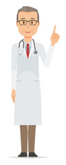A middle-aged male doctor wearing a white suit is pointing at a finger