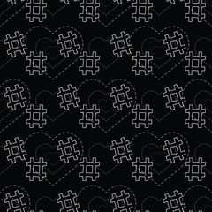White heart and Hashtag seamless on black background. Hashtag random seamless pattern
