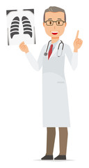 A middle-aged male doctor wearing a white suit has an X-ray picture