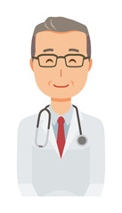 A middle-aged male doctor wearing a white suit is smiling