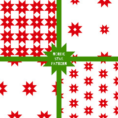 Set of four seamless nordic star pattern. Vector illustration, red on white background, isolated. For christmas and winter backdrop, print, or fabric. Sample in file.