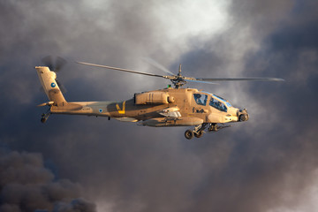 AH-64 Apache attack helicopter fly above Hatzerim Air Force base near Beersheba, Israel in front of black smoke © A. Zeitler