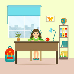 Little girl writing and sitting at a table. Vector flat illustration.