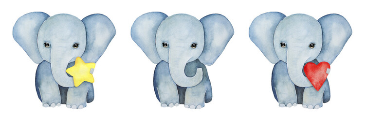 Set of three little baby elephants. Holding yellow star, red heart and without object. Cute character, childhood element, grey color, front view, standing pose. Hand drawn water color illustration.