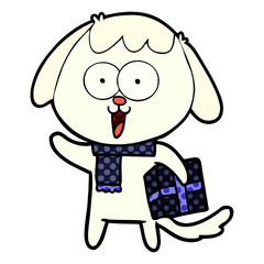 cute cartoon dog with christmas present