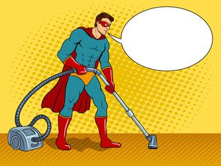 Superhero with vacuum cleaner pop art vector - obrazy, fototapety, plakaty