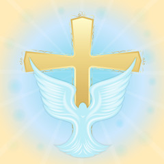 Baptism of Jesus. Dove in the sky against the background of the cross. Biblical symbols. Easter greeting card.