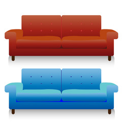 Two fashionable realistic couch (blue and brown), cartoon on white background,