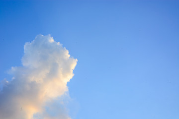 a bright blue sky with a large, fluffy white cloud on the left side.