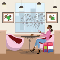 african american woman drinking coffee in a cafe after shopping,