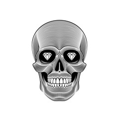 Graphic print of skull engraved. Black and white.