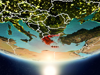 Greece with sun on planet Earth