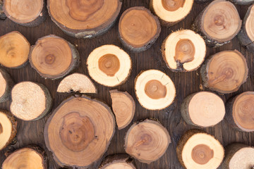 Natural wooden background, closeup of chopped firewood. Firewood stacked and prepared for winter Pile of wood logs. Chopped firewood on a stack.